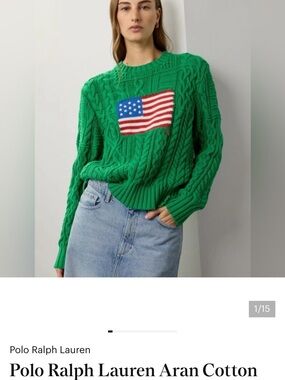 Polo by Ralph Lauren Green Cable-Knit Crewneck Sweater with American Flag